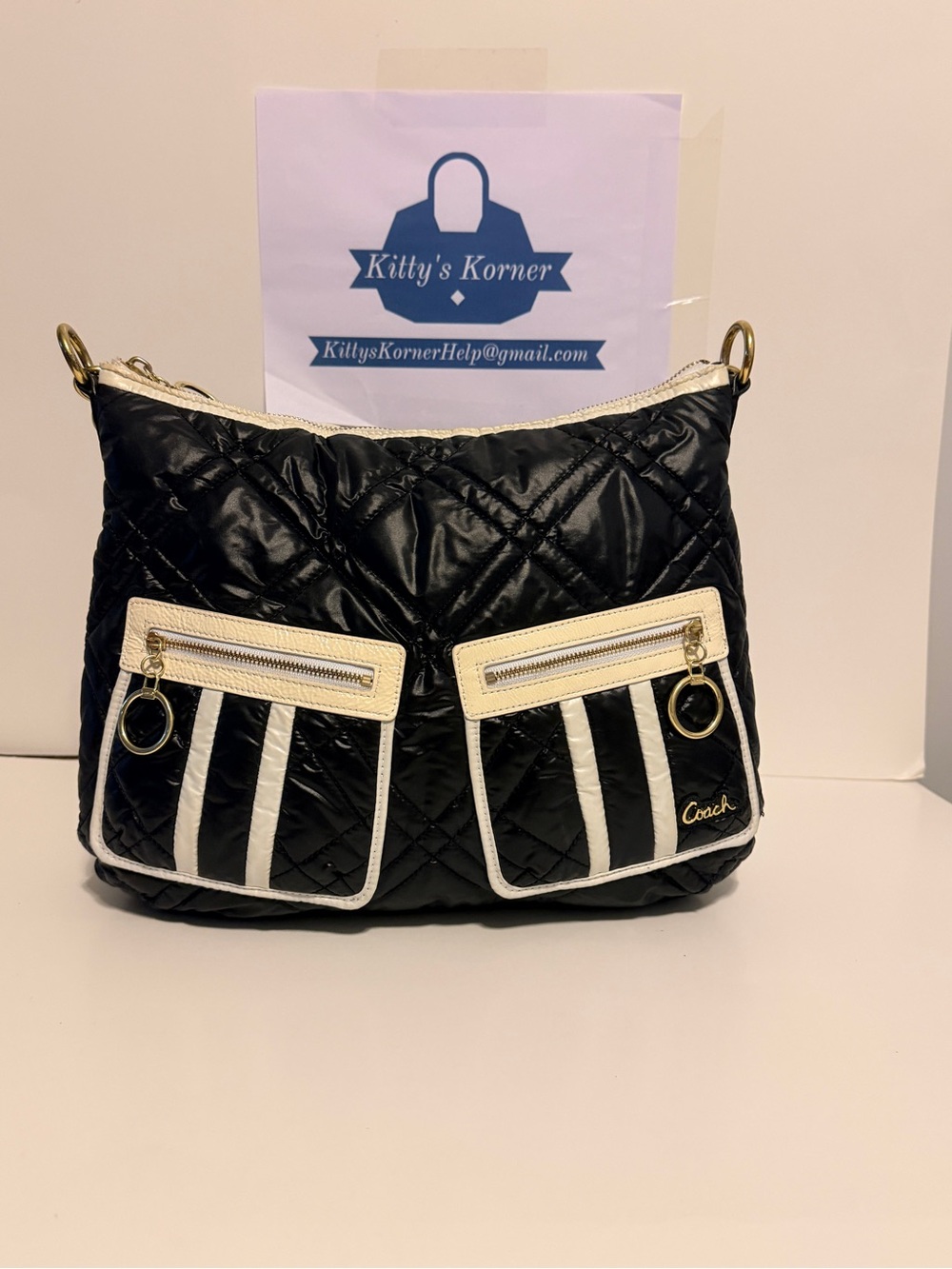 Coach Black Shoulder Bag with White & Cream Trim and Gold Hardware